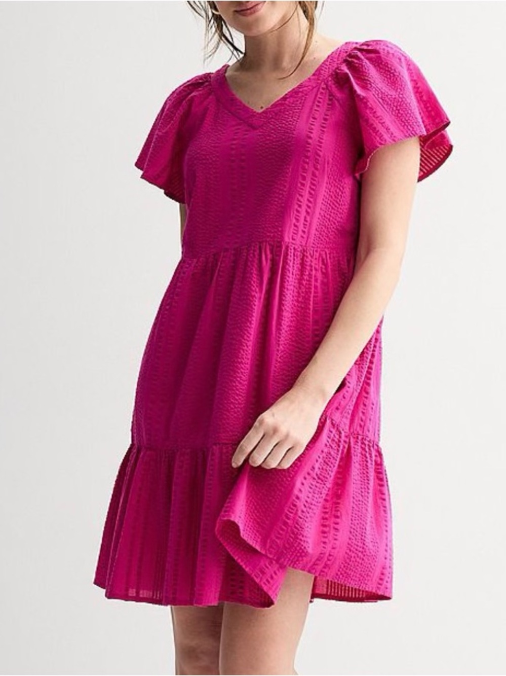 Vibrant Fuchsia V-Neck Textured Tiered Dress